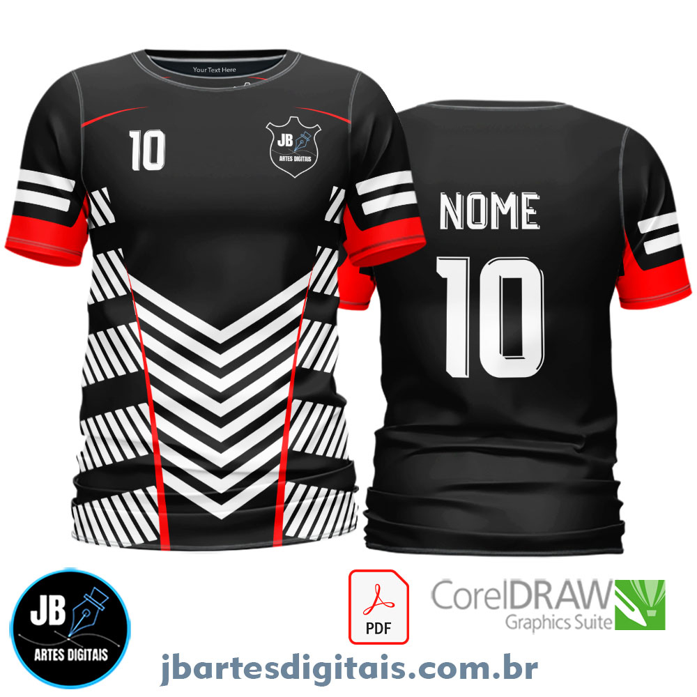 Arte camiseta Sublimação Total (LINEAS PRETO BRANCO VERMELHO)